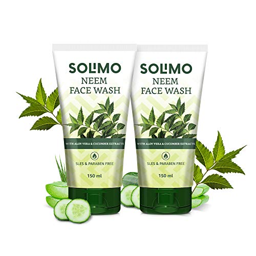 Amazon Brand - Solimo Neem Facewash with Aloe Vera & Cucumber Extracts, SLES & Paraben Free, 2 X 150 ml