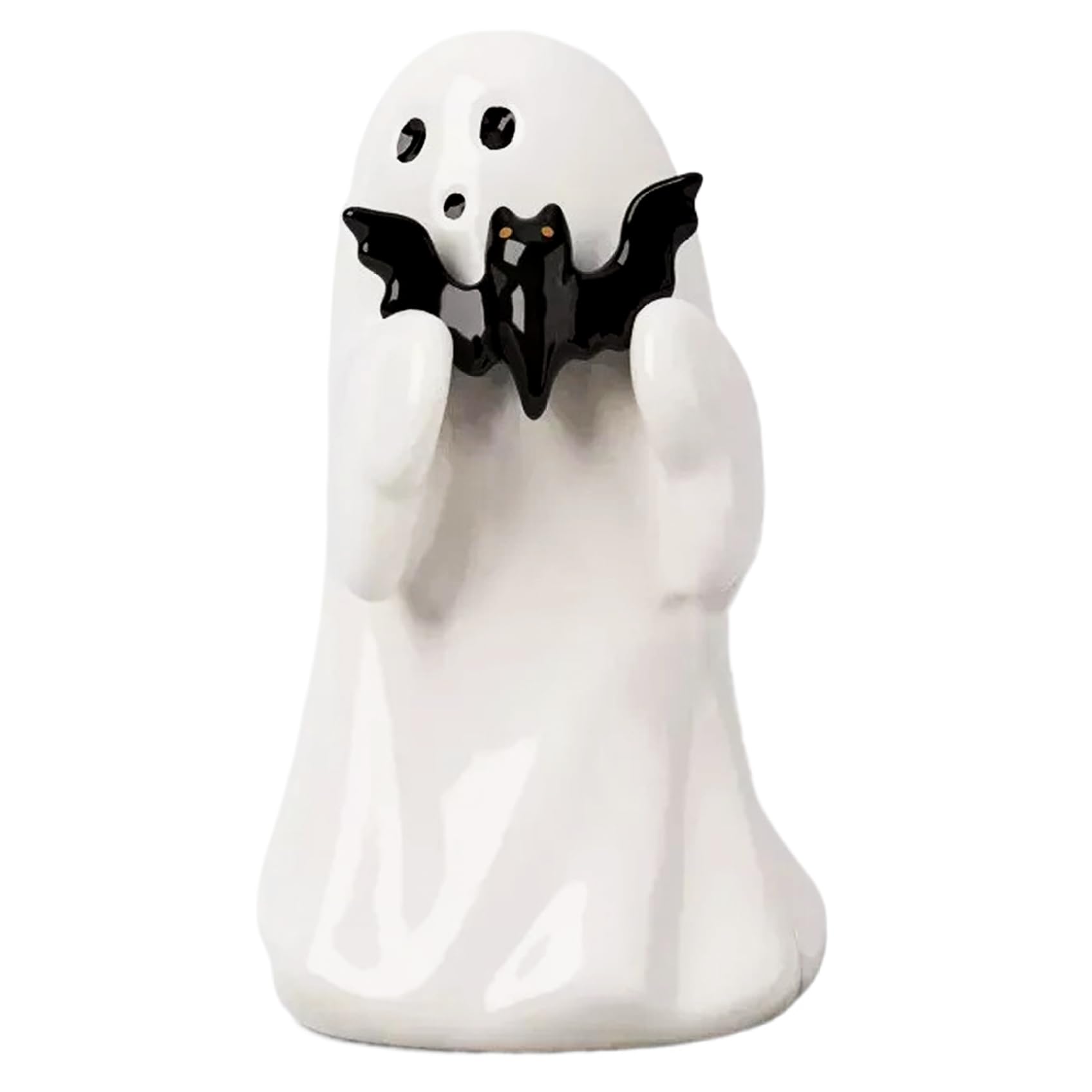 Veesper Halloween Ghost Decor Resin Ornament 3.94in White Cute Spooky Ghost Holding Bat Figurine for Indoor Halloween Decorations Table Shelf Home Party Decor Accessories