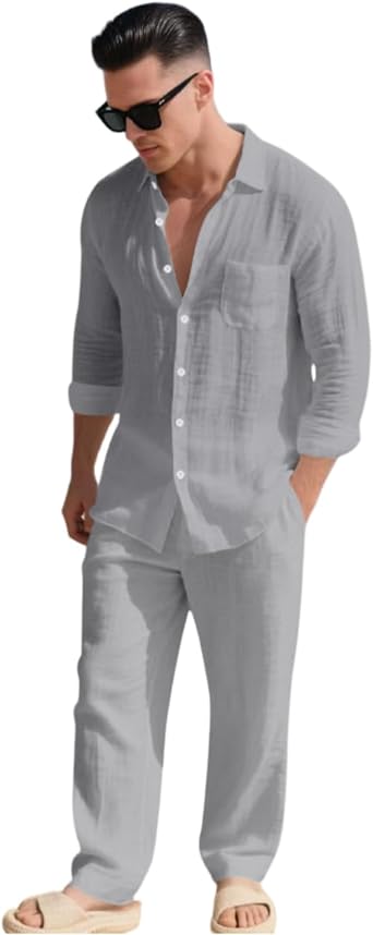 Men's 2 Pieces Cotton Linen Set Button Down Long Sleeve Shirts Casual Loose Pants Set Summer Beach Outfits Work Suit