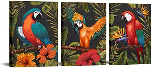RyounoArt 3 Piece Parrot Wall Art Canvas Colorful Parrot on Branch Painting Pictures Tropical Rain Forest Animal Prints Artwork for Living Room Bedroom Bathroom Decor Framed Ready to Hang