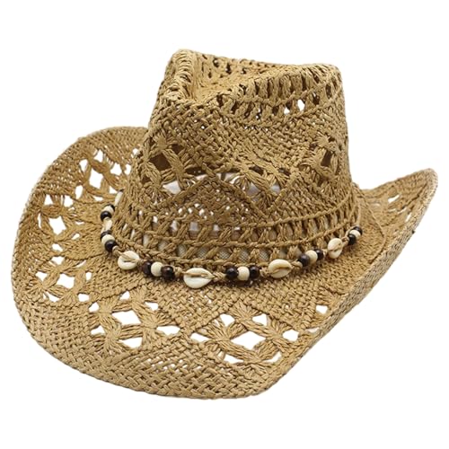 Chapeau de cowboy en paille ajourée avec perles décoratives et grand bord