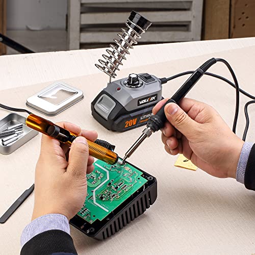 Volltek 20V 2000Mah，Max 70W Cordless Soldering Iron Station Kit W 6 Extra Iron Tips, Lead-Free Solder, Auto Sleep，Adjustable Temperature 200 To 480℃ Solder Iron Stand For Welding And Repairing #TOP3