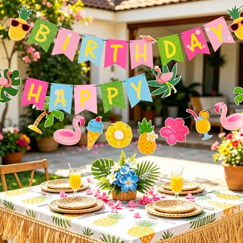 Image of SUNBEAUTY Hawaiian Happy Birthday Banner Tropical Luau Party Birthday Flamingo Pineapple Palm Leaf Banner for Summer Birthday Party Decorations Supplies | Pre-Strung