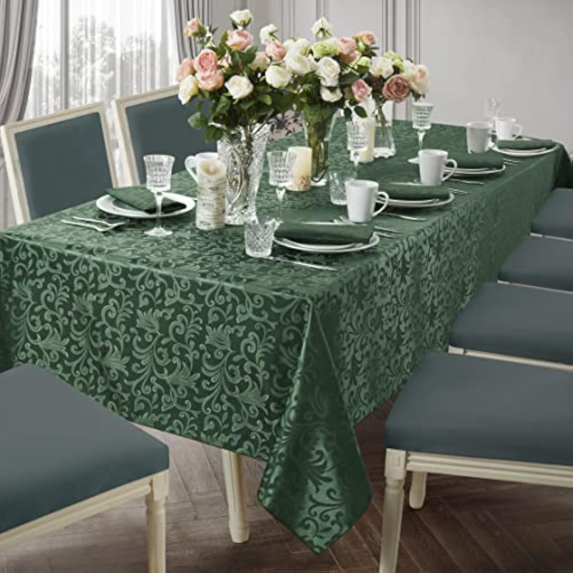 Scroll Damask Jacquard Rectangle Green Tablecloth