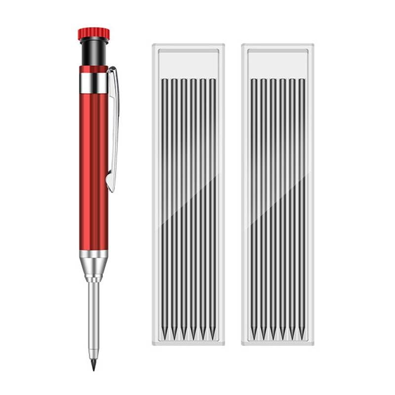 Dreamil Tieflochmarker Bleistift Set, 1 Stück Tieflochmarker mit 12 Bleistiftsminen, Mechanische Zimmermannsbleistifte, für Bauherren, Architekten und Schreiner(Rot