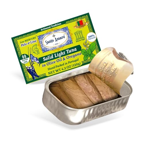 Image of Santo Amaro - Artisanal Wild Tuna Fillets in Olive Oil & Oregano, Pole & Line Caught Tuna from Portugal, Hand-Packed Athens-Style Canned Tuna Fish, 22g Protein, Paleo, Keto, Low Mercury, Pack of 3