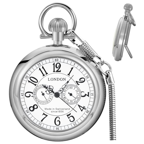 Tiong Montre de poche mécanique Londres en acier inoxydable avec chiffres romains en cuivre et chaîne pour homme, 139-argent, Classique