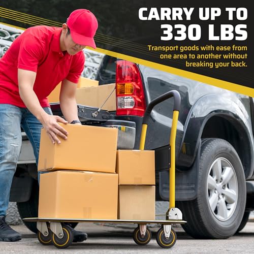 Image of Heavy Duty Foldable Push Cart Dolly | 330 lbs. Capacity | Upgraded Collapsible Hand Truck Folding Platform with Swivel Wheels | Flat Bed Moving Wagon | Space Saving Push Handle (Yellow)