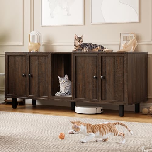 Image of ONBRILL 59 Inches Cat Litter Box Enclosure for 2 Cats, Hidden Litter Boxes Furniture with Cat Scratch Pad, Large Indoor Pet House with Double Room, Wooden TV Stand Side Table, Brown