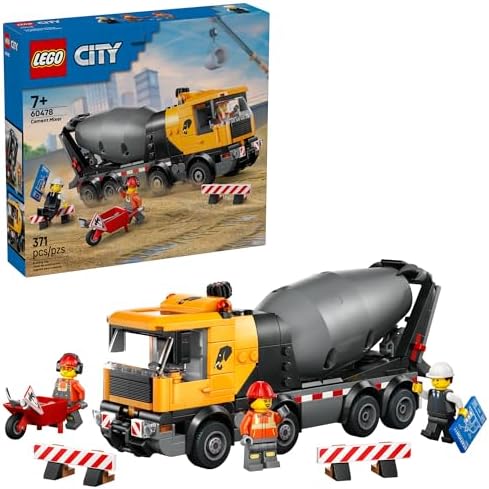 LEGO City Cement Mixer Truck Building Toy for Boys & Girls, Ages 7+ - Pretend Play Construction Toy W/Rotating Drum & 3 Worker Minifigures - Gift Idea for Birthdays - 60478