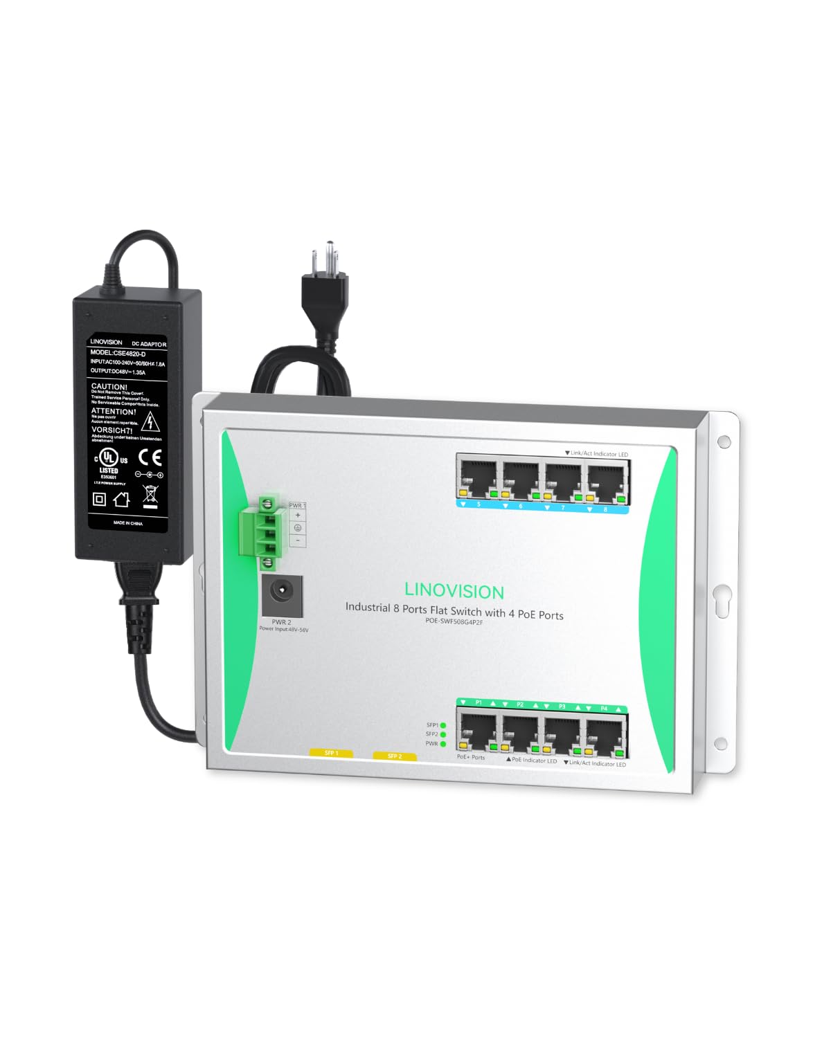 LINOVISION Switch Plano Industrial de 8 Puertos para Montaje en Pared con 4 Puertos PoE