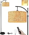 QIYIZM Floor Lamp for Living Room Bedroom Farmhouse Arc Rattan Boho Standing Lamp with Remote Dimmable Black Wicker Bamboo Lamp Shade Floor Light Adjustable Tall Lamp Industrial Floor Lamps Bohemian