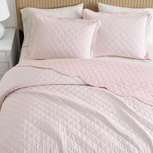 Image of Martha Stewart - King Cotton Percale Quilt with Shams, Reversible Bedding | 100% Cotton Percale, 80 /20 Cotton Blend Fill, Breathable, Reversible Stripe Design, Includes 2 Shams, Machine Washable