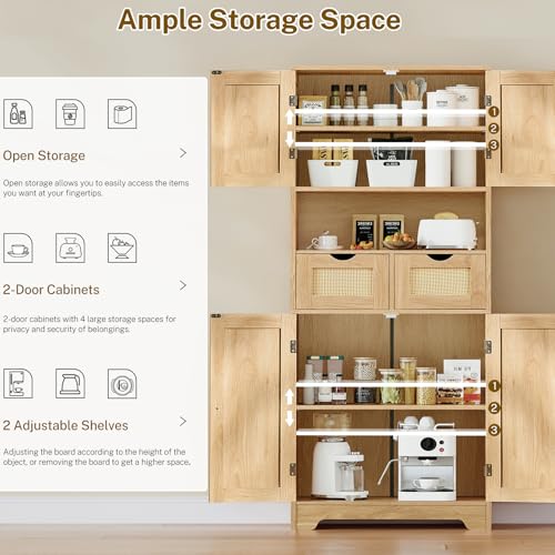 Image of TEENFON 57.8 inch H Tall Storage Cabinet with 2 Drawers & 2 Adjustable Shelves, Rattan Cabinets with 4 Doors, Cupboard, Kitchen Cabinets, Pantry Cabinet, Tall Cabinet for Living Room, Entryway, Natural