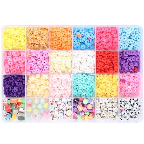 Image of ambitieux DIY Bracelet Making Kit - 24 Colorful Beads, 10m Elastic Thread, Jute Bag, and Cutter - Gift for Girls Birthdays (Clay Beads 3)