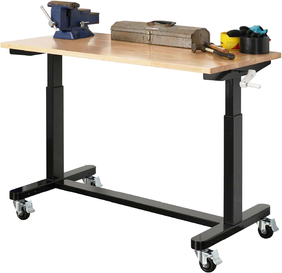 SafeRacks Workbench | 48” Adjustable Hardwood Work Tops | Premium, Standard, or Crank Handle | Rolling Work Station for Garage, Workshop, or Home | Heavy Duty (Crank-Handle)