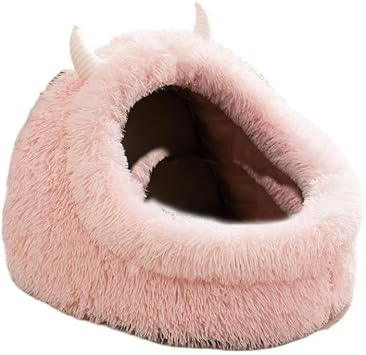 Autumn and Winter Cat Bed Semi-Enclosed Plush Warm Thickened Little Monster Cat Bed Indoor High Cushion Deep Sleep Dog Bed Small and Medium Dog Cat Bed Pet Bed M,Pink