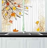 Ambesonne Nature Kitchen Curtains, Autumn Maple Leaves Branches in Fall Earthen Tones Faded Woodland...