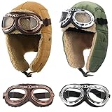 JaGely 4 Pcs Pilot Hat and Goggles Flight Costume Accessories Pilot Helmet Cap with Ear Flaps Hat Adults Winter(Green, Khaki)