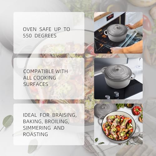 Image of 3 Quart Dutch Oven Enameled Cast Iron with Lid - Big Dual Handles - Oven Safe up to 500F - Classic Round Pot for Versatile Cooking Light Gray