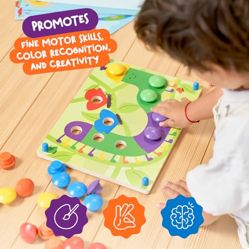 Image of Nene Toys Wooden Color Matching Puzzle for Toddlers 2+ Years - Montessori Pegboard Button Game with Wooden Nails & Cards - Educational Toy for 2 3 Year Old Boys Girls - Fine Motor Skill Learning