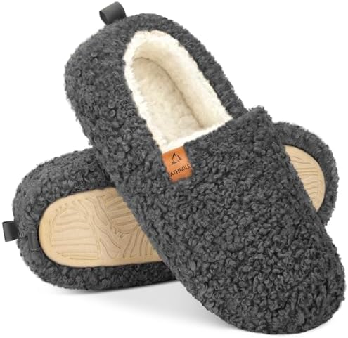 ATHMILE Fuzzy Slippers for Women House Slippers Memory Foam Curly Loafer with Polar Fleece Lining Indoor Outdoor Grey