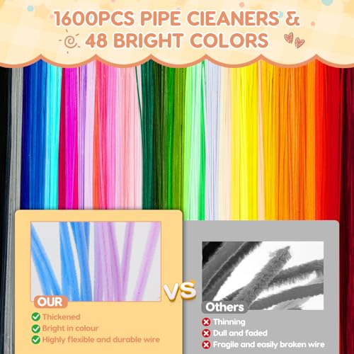 Image of 1600 PCS Pipe Cleaners, Pipe Cleaners Bulk 48 Colors, Chenille Stems for Flowers DIY Art Creative Crafts Decorations Colorful Thick Pipe Cleaners Craft Supplies for Christmas Halloween Birthday Gift