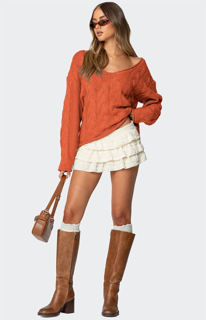 ZAFUL Womens V Neck Off The Shoulder Sweater Long Sleeve 2025 Oversized Cable Knit Casual Pullover Tops - Image 5