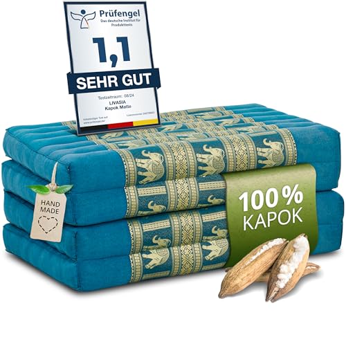 Nachhaltige Klappmatratze aus Kapok - 200x80x8cm - Gästematratze mit Thaiseide, Matratze faltbar für Van, ökologische Yogamatte, Gästebett klappbar, Liege Garten Balkon (Hellblau/Elefanten Seide)