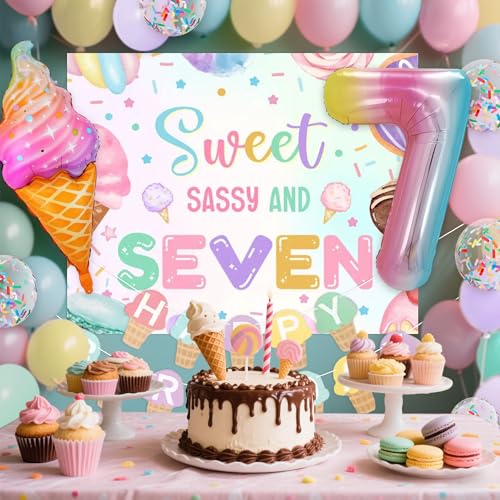 Image of Sweet Sassy and Seven Birthday Backdrop 7th Birthday Decorations for Girls | Sweet Sassy and 7 Birthday Decorations 7 Year Old Girl Birthday Decorations Ice Cream Banner 7 Balloons Party Supplies