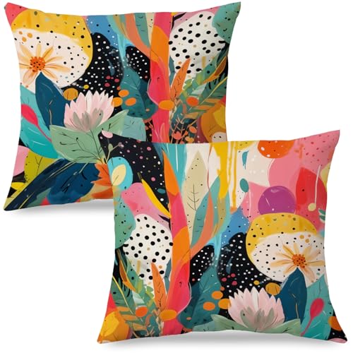 Best Color Pillows for Beige Couch: Stylish Picks for Cozy Living Rooms 4 JINYO Abstract Boho Floral Pillow Covers 18x18 Set of 2, Maximalist Eclectic Plants Decorative Throw Pillow Cases, Trendy Colorful Botanical for Couch Living Room Bedroom Home Decor