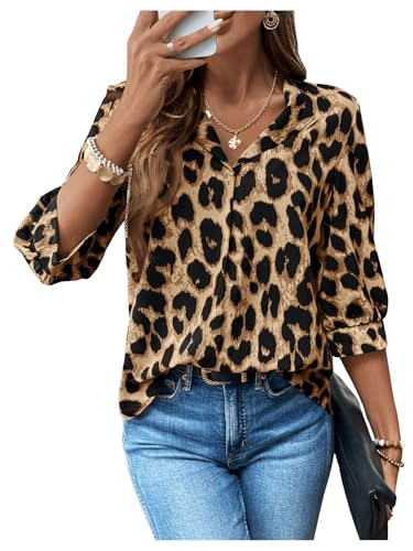 GORGLITTER Leo Bluse Damen Langarm Oberteil Mit Leopardenmuster Bluse Bluse Mit 3/4 Arm Langarmshirt Herbst Winter Blusen Braun L