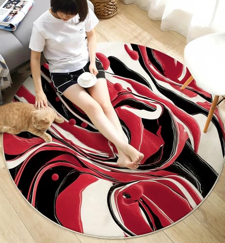 Tapis salon rond tourbillon rouge noir abstrait grand format - 6