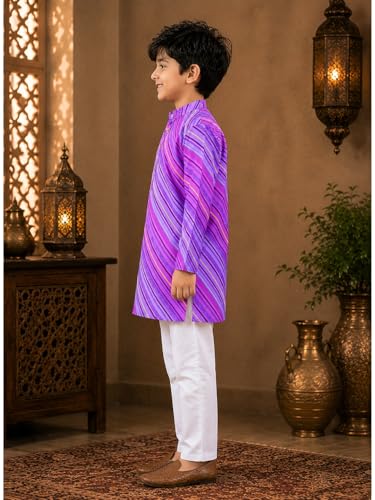Image of superminis Cotton Boys Sanganeri Lehariya Printed Kurta Set with White Pyjama Elastic Closure