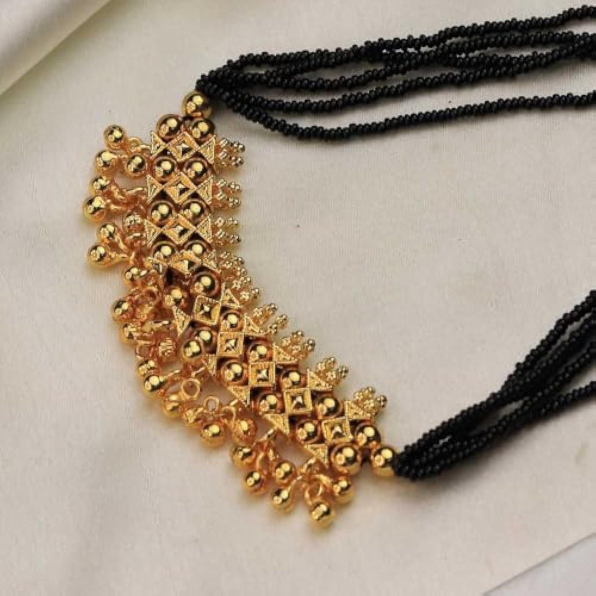 Women's Designer Temple Black Bead Mangalsutra Set with Earrings