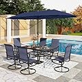 PHI VILLA 8 Piece Patio Dining Set with 13ft Patio Umbrella (Navy Blue), 6 Outdoor Padded Swivel Dining Chairs & 1 Large Metal Dining Table with 1.57" Umbrella Hole, for Lawn Garden Backyard