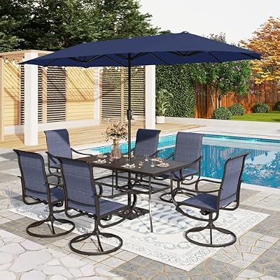 PHI VILLA 8 Piece Patio Dining Set with 13ft Patio Umbrella (Navy Blue), 6 Outdoor Padded Swivel Dining Chairs & 1 Large Metal Dining Table with 1.57" Umbrella Hole, for Lawn Garden Backyard