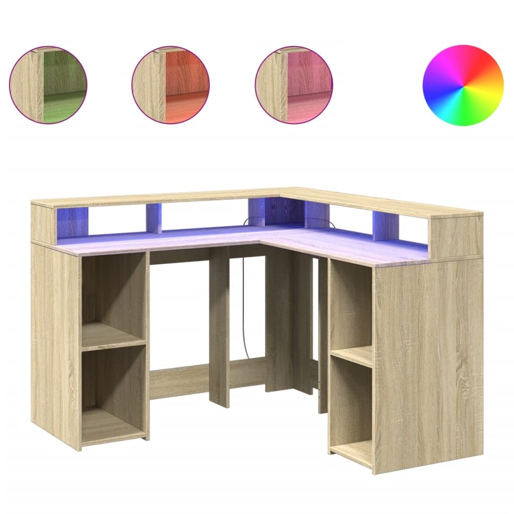 Homgoday Biurko z diodami LED, dębowe Sonoma 130 x 130 x 91 cm, z płyty wiórowej, meble biurka, półki, biurko komputerowe, biurko, biurko do gier, do pokoju dziecięcego