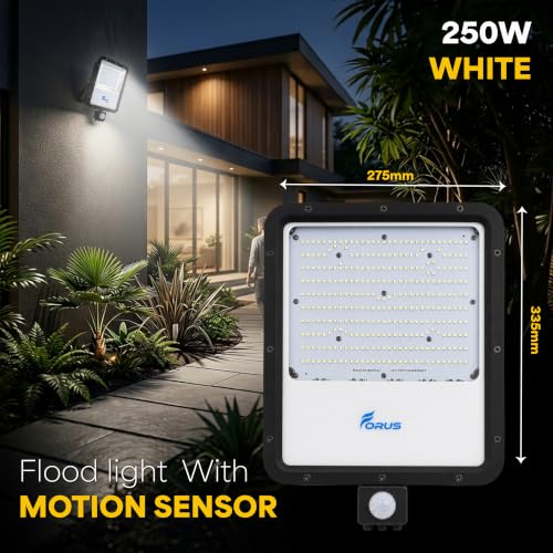 Image of Forus 250W LED Flood Light White with Motion Sensor Auto On Off Day Night Mode Waterproof Outdoor Security Light for Garden Parking Garage Factory Warehouse Super Bright Floodlight 4Yr Warranty-1Pc