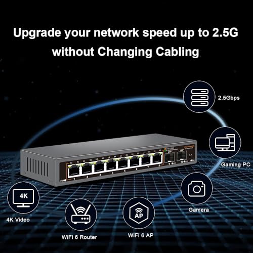 Image of 8-Port 2.5G Unmanaged Ethernet Switch, 8x2.5G Base-T Ports, 2x10G SFP+ Uplink, Supports 100 /1000 /2500Mbps, Fanless Metal Casing, Plug & Play