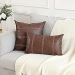 MANDIOO Set of 2 Boho Striped Faux Leather Throw Pillow Covers 20x20 Inch 50x50 cm Modern Luxury Square Decorative Cushion Cases for Living Room Bedroom Sofa Couch Dark Brown