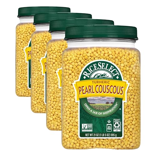 Image of RiceSelect Pearl Couscous with Turmeric, Israeli-Style Wheat Couscous, Non-GMO, Kosher, Jar 21 Ounce (Pack of 4)