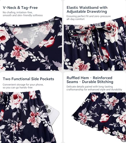 Image of WiWi Womens Pajamas Set Bamboo Viscose Super Soft Short Sleeve Top Ruffle Shorts Sleepwear Cooling Pj Sets S-XXL