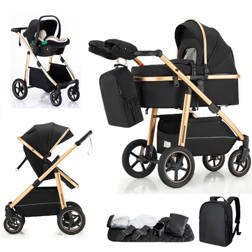 Lnhcrbs Kinderwagen 3 in 1, Kinderwagen & Buggys mit Autositz mit verstellbarem Griff, Kinderwagen mit Feststellbaren Vorderrädern, für 22 kg, 0-4 Jahre(Schwarz)