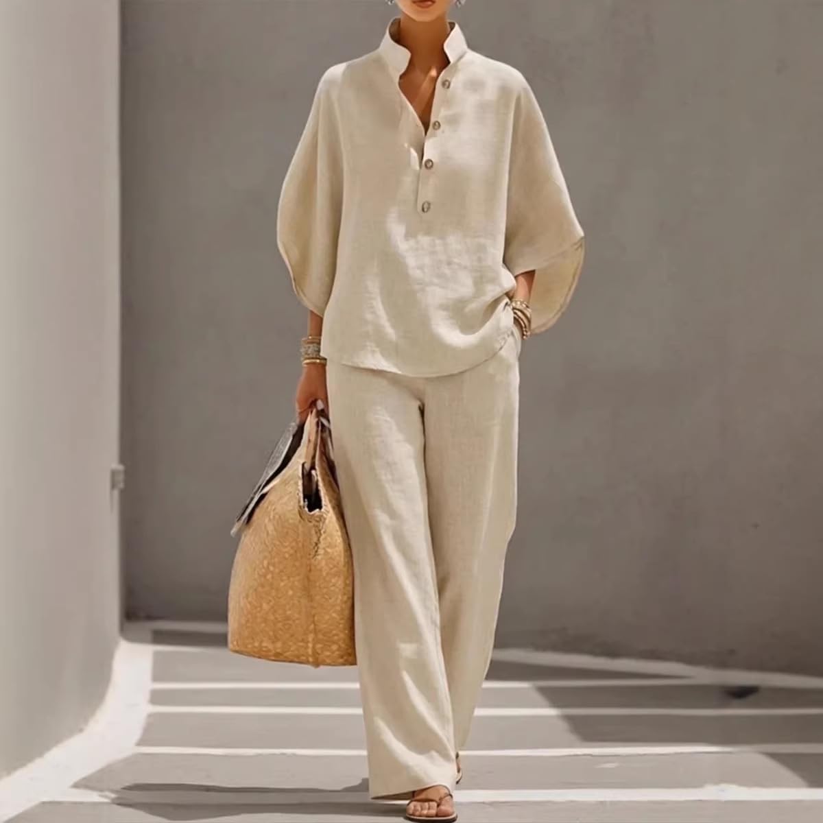 Women's Batwing Sleeve Linen Cotton Two Piece Set - Casual Lightweight Shirt and Wide Leg Pants Outfit