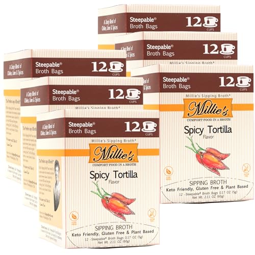 MILLIES SPICY TORTILLA SIPPING BROTH- Vegetable Broth with Savory Seasonings for Snack Urges - Vegan, Keto, Gluten Free, Intermittent Fasting, and natural - (6 Pack - 72 Broth Bags Total)