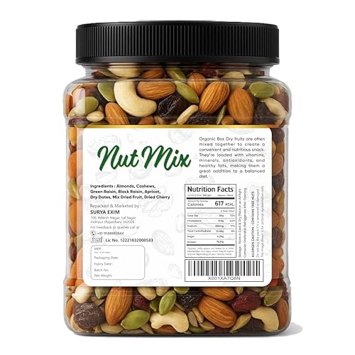 Image of Organic Box Healthy Nutmix 250gm, Dried Almonds, Black Raisins, Cashewnuts, Black Dates & Many More. (Jar Pack)