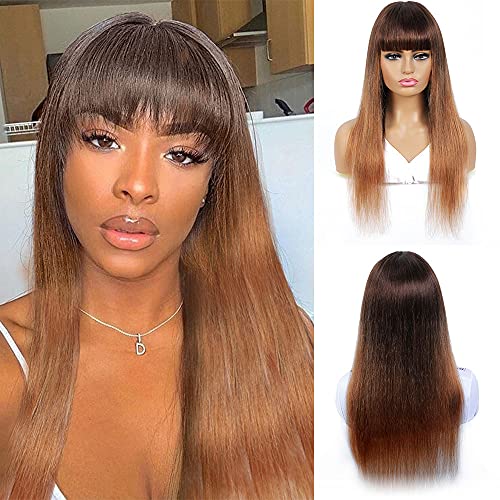 Ombre Straight Human Hair Wigs With Bangs None Lace Front Wigs Glueless Machine Made Wigs Brazilian Virgin Human Hair T4/30 Medium Brown/Medium Auburn For Black Women(24 inch,150% Density)