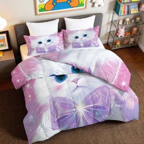 Edredón de 155x220 cm con 2 fundas de almohada de gato y estrellas 4