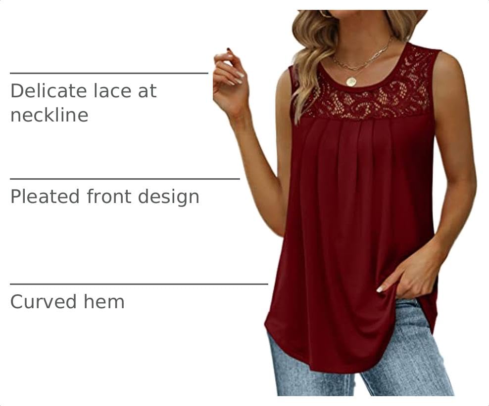 Image of Saloogoe Summer Tank Tops for Women Loose Fit Pleated Tunics Scoop Neck Sleeveless Lace Tops Curved Hem Flowy